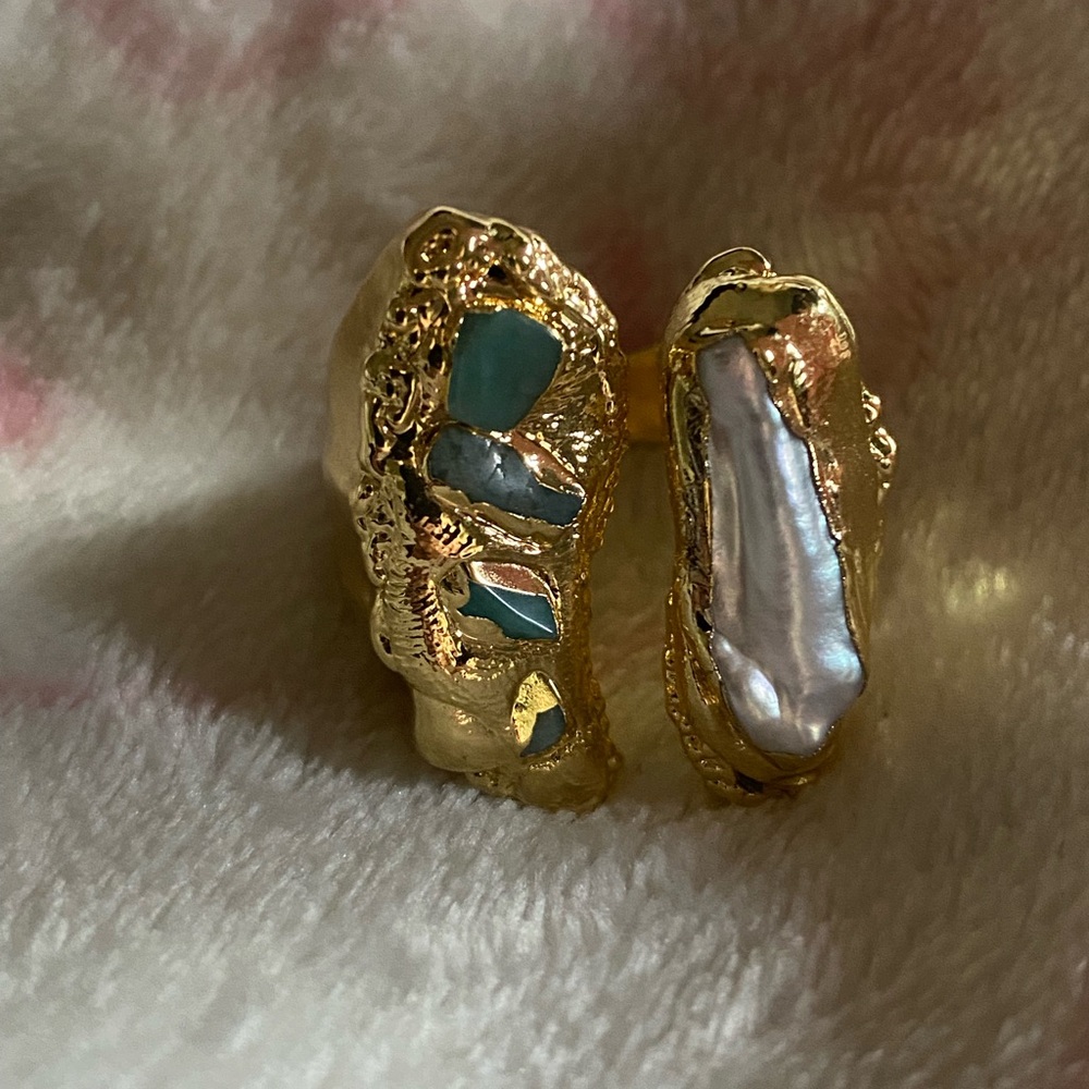 Real Amazonite and Pearl 18k GP Ring